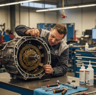 Técnico realizando la inspección de mantenimiento en una caja de cambios.